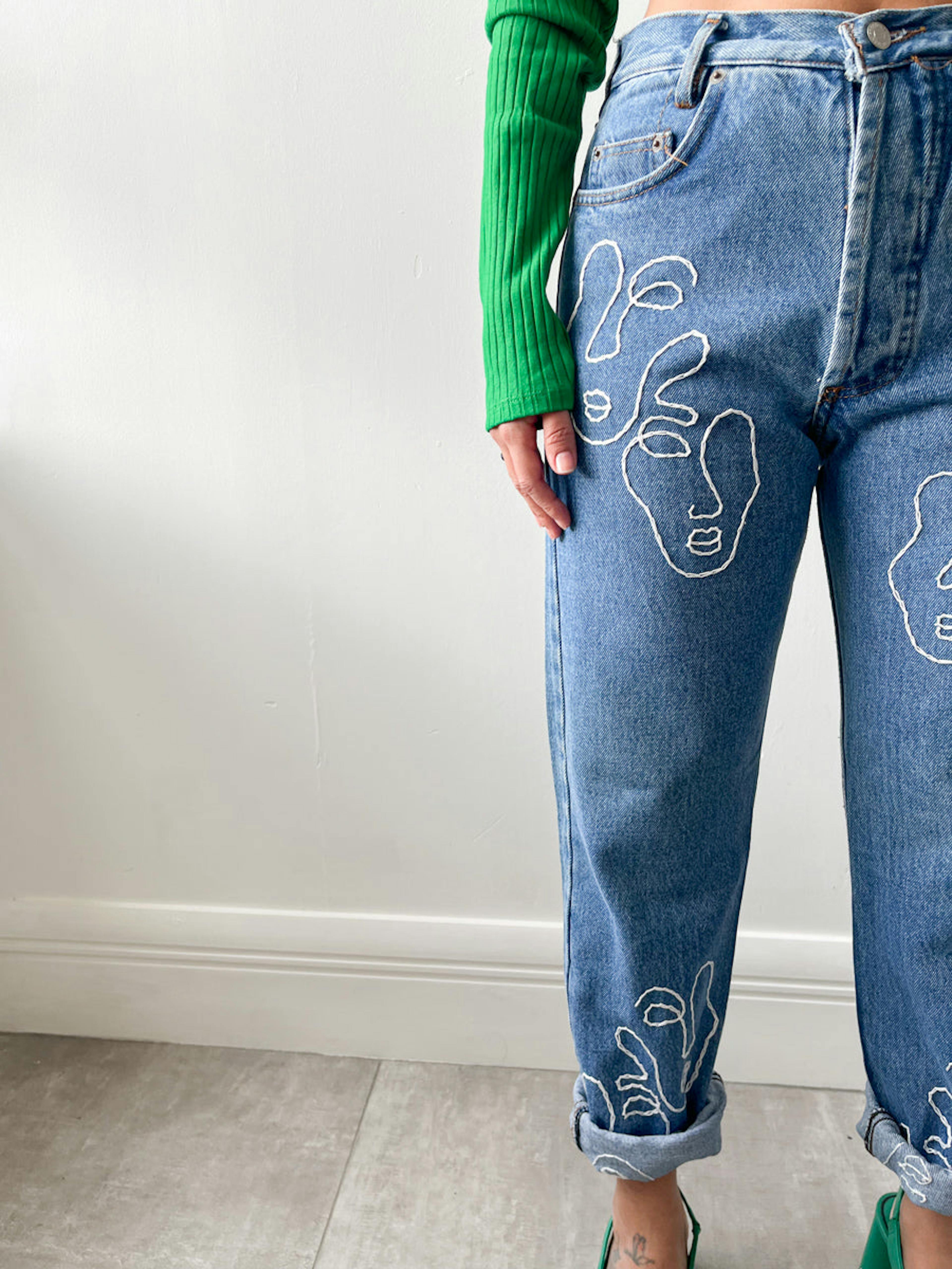 High Waisted Recycled Embroidered Faces Jeans | Blue Denim
