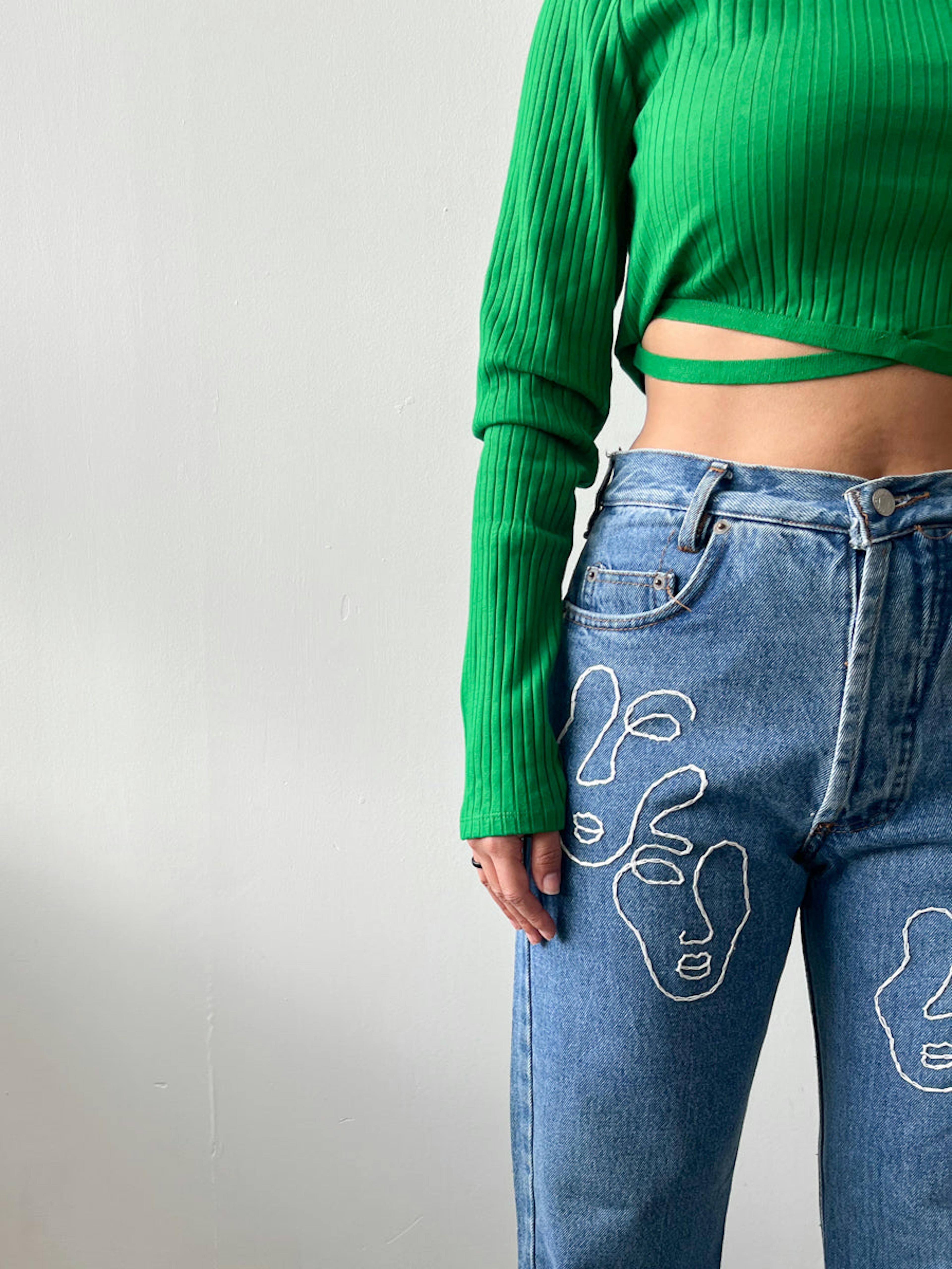 High Waisted Recycled Embroidered Faces Jeans | Blue Denim