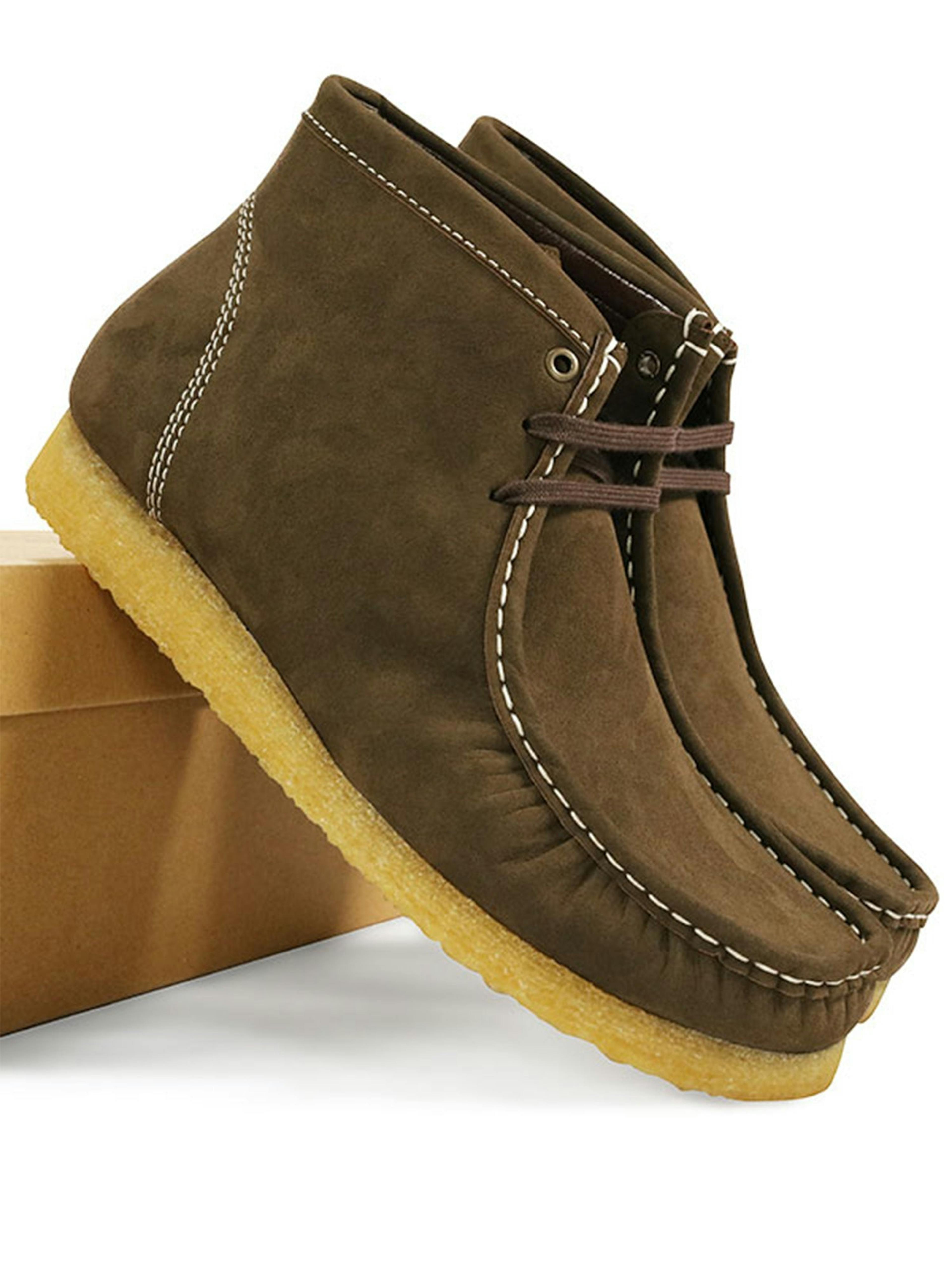Certified Vegan Suede Moccasin Boots | Brown, Dark Brown & Cream