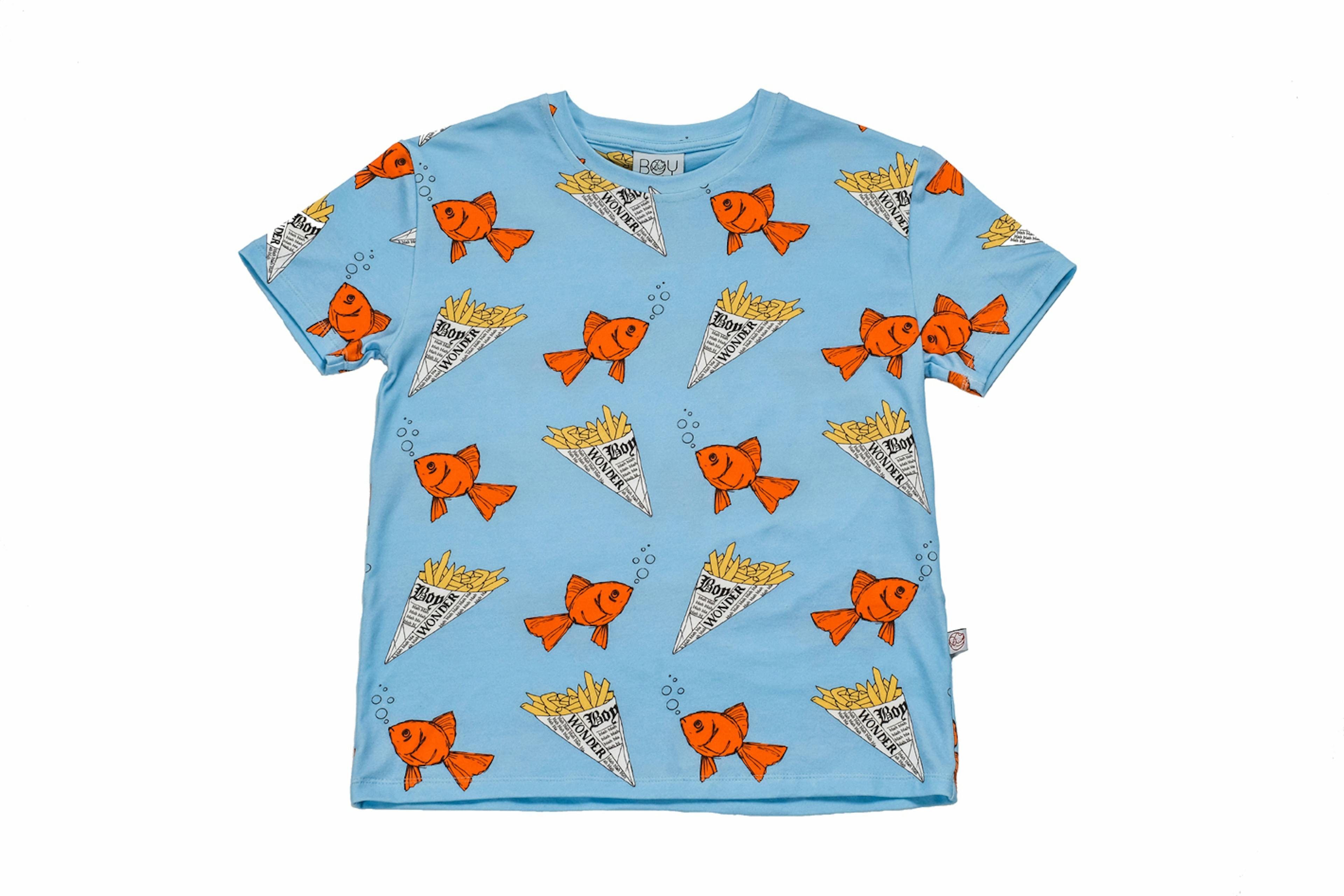 Lucas Kids | 100% Organic Cotton T-shirt | Fish & Chips Print | Blue & Multi-Coloured