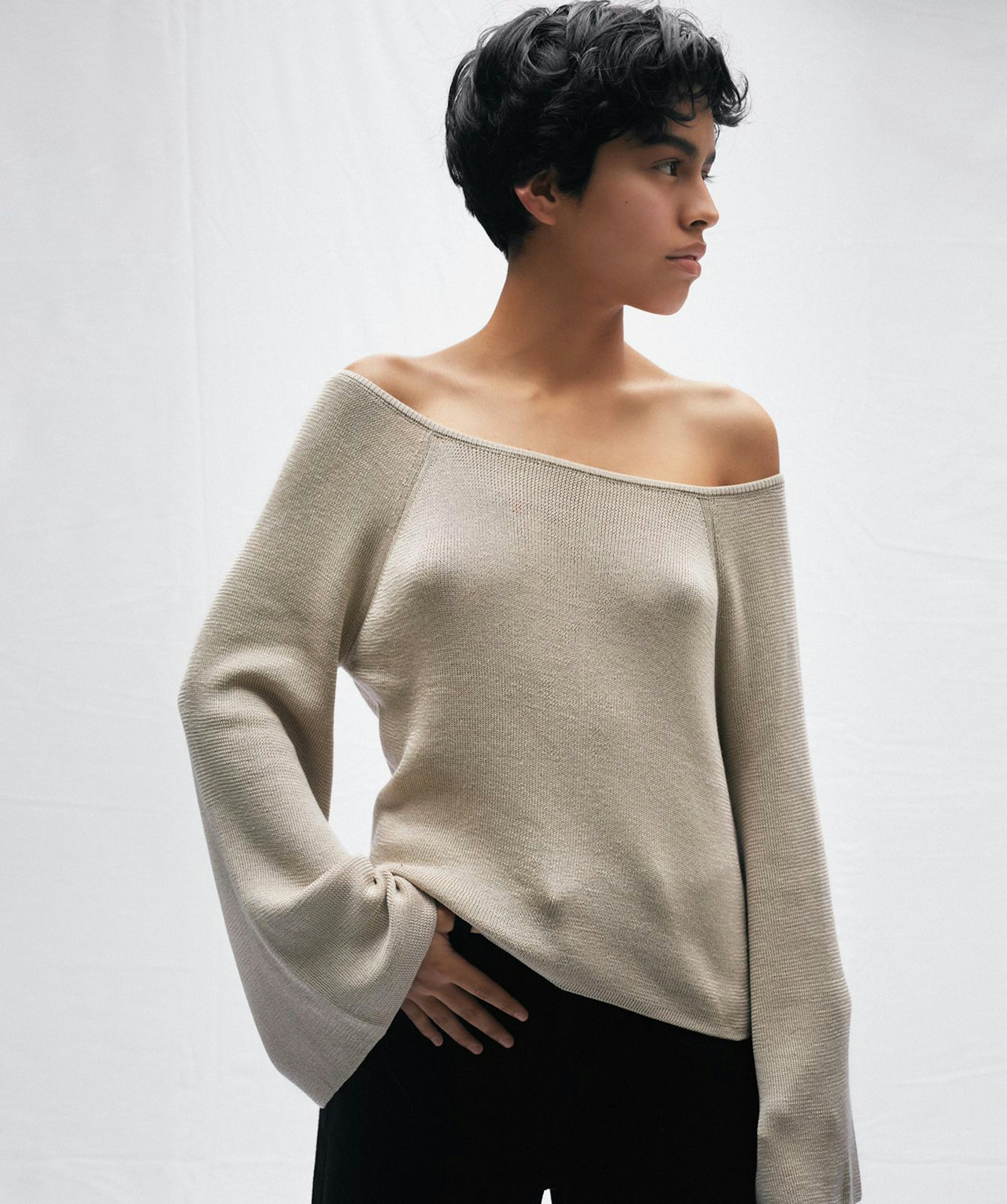 Organic Cotton Off Shoulder Knit Sweatshirt | Neutral